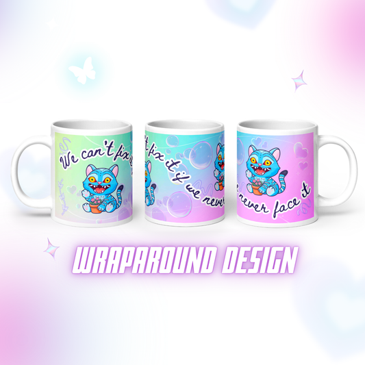 Cute Kpop Demon Tiger Mug - “We Can’t Fix It If We Never Face It” Wraparound Design