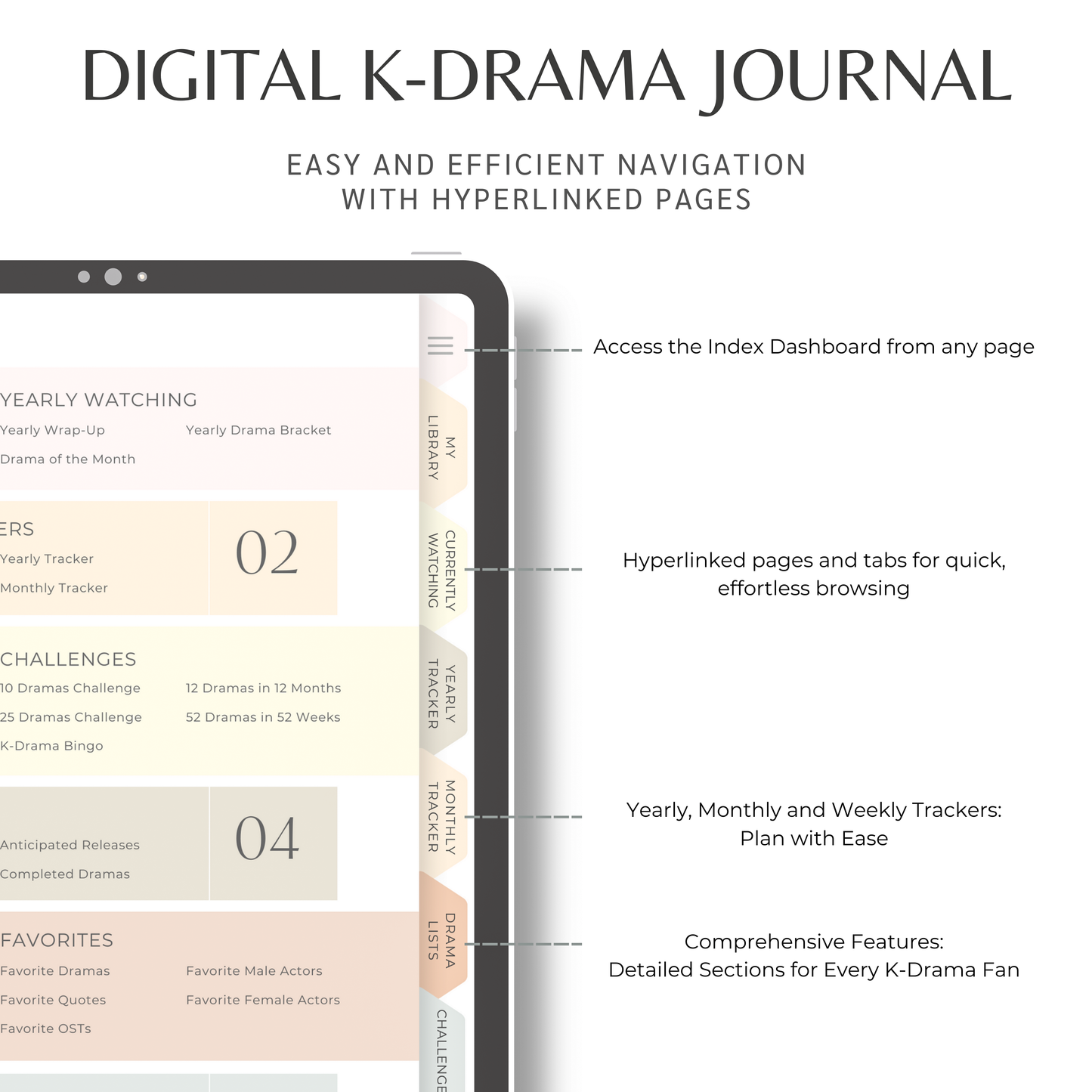Digital K-Drama Journal, K-Drama Tracker, Korean Drama Planner, Kdrama Tracker, Korean Drama Planner Log, Goodnotes and Notability Journal