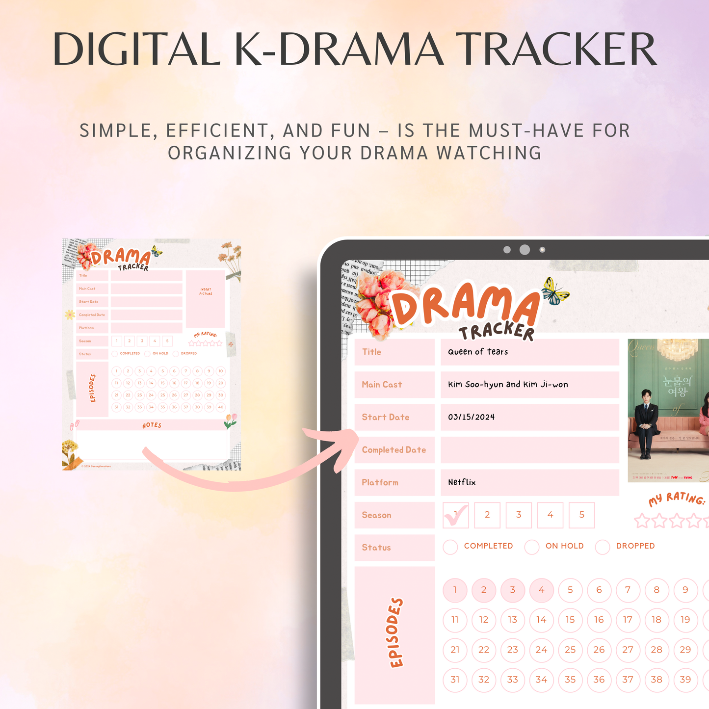 Digital K-Drama Tracker, Printable Kdrama Tracker, Korean Drama Tracker, Korean Drama Planner, Asian Drama, Goodnotes and Notability Journal