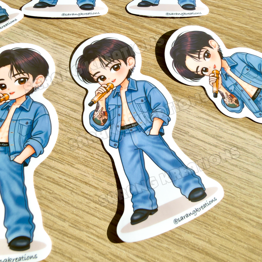 Denim Calvin Kookie Sticker – Madrid D2 Soundcheck Look, Glossy Laminated Vinyl Sticker