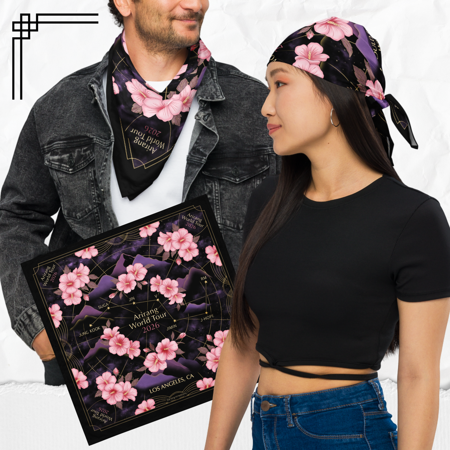 Arirang World Tour 2026 Bandana Scarf – OT7 Inspired Floral Constellation Design – K-pop Concert Outfit Accessory – Korean Aesthetic Head Scarf