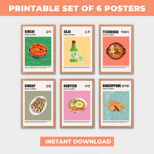 Set of 6 Korean Food Posters, Korean Food Printable Wall Art, Asian Food Art, Korean Art Print, Retro Wall Art, Korean Aesthetic