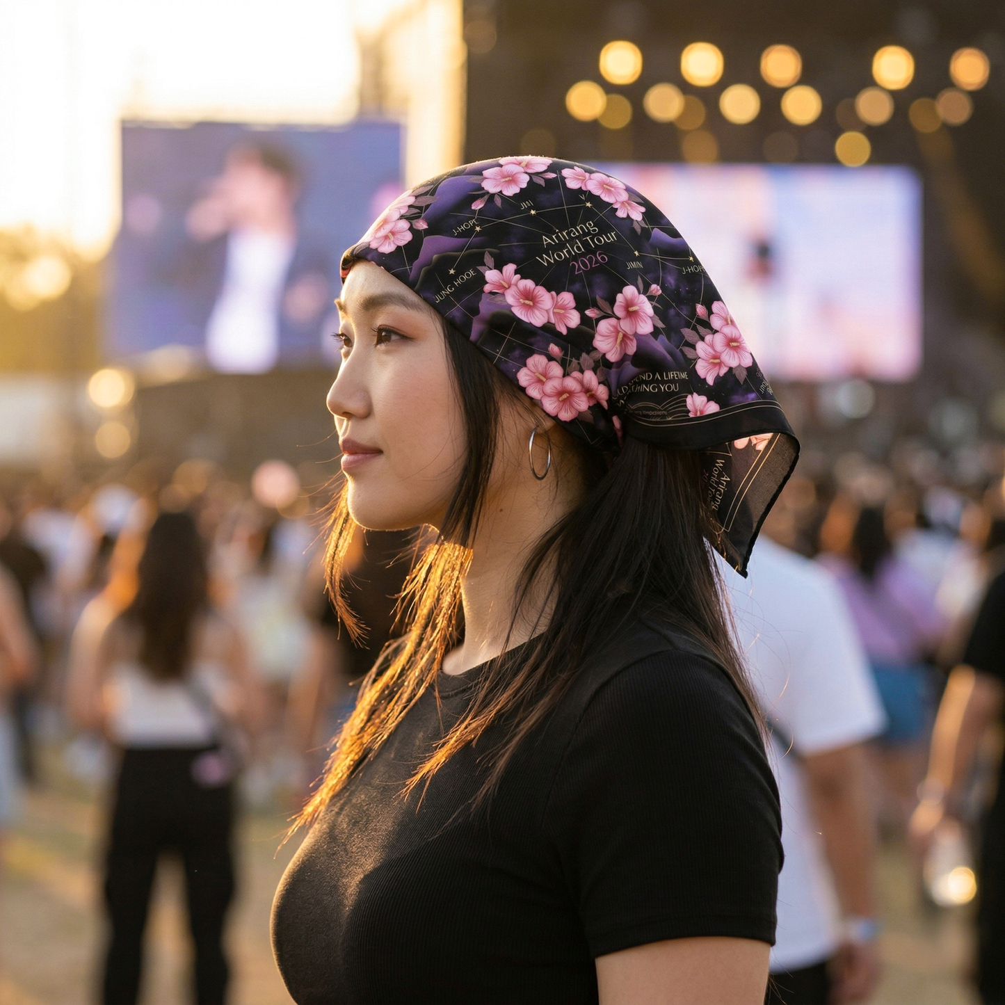 Arirang World Tour 2026 Bandana Scarf – OT7 Inspired Floral Constellation Design – K-pop Concert Outfit Accessory – Korean Aesthetic Head Scarf
