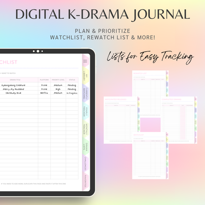 Digital K-Drama Journal, K-Drama Tracker, Korean Drama Planner, Kdrama Tracker, Korean Drama Planner Log, Goodnotes and Notability Journal
