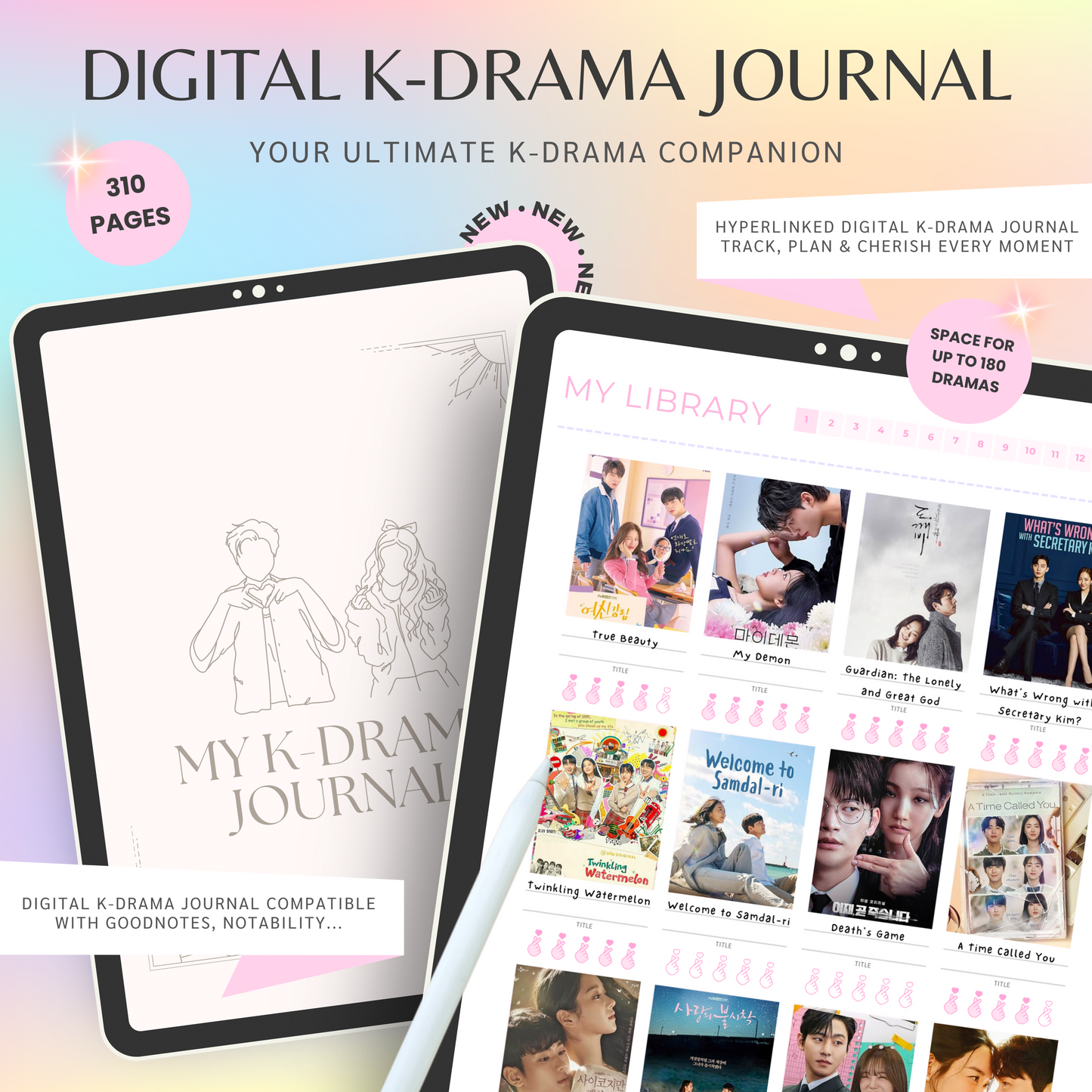 Digital K-Drama Journal, K-Drama Tracker, Korean Drama Planner, Kdrama Tracker, Korean Drama Planner Log, Goodnotes and Notability Journal