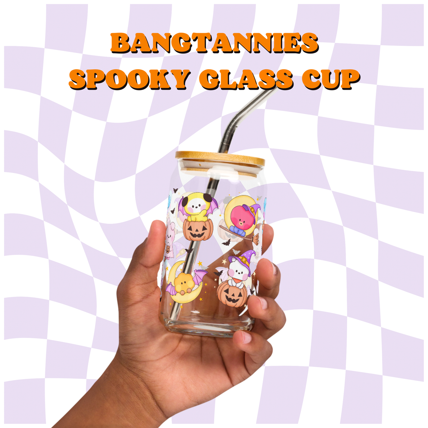 Halloween Bangtannies Glass Cup - 16oz with Lid and Straw