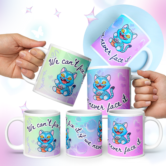 Cute Kpop Demon Tiger Mug - “We Can’t Fix It If We Never Face It” Wraparound Design