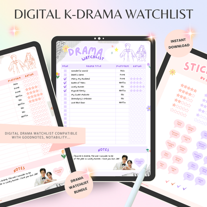 Digital K-Drama Watchlist, Printable Kdrama Watchlist, Korean Drama Checklist, Asian Drama Planner, Goodnotes and Notability Tracker
