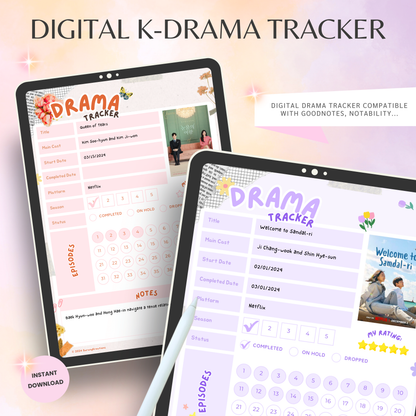 Digital K-Drama Tracker, Printable Kdrama Tracker, Korean Drama Tracker, Korean Drama Planner, Asian Drama, Goodnotes and Notability Journal