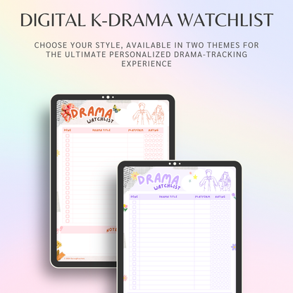 Digital K-Drama Watchlist, Printable Kdrama Watchlist, Korean Drama Checklist, Asian Drama Planner, Goodnotes and Notability Tracker