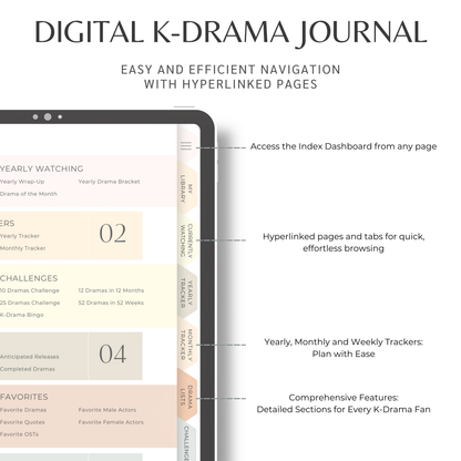 Digital K-Drama Journal, K-Drama Tracker, Korean Drama Planner, Kdrama Tracker, Korean Drama Planner Log, Goodnotes and Notability Journal