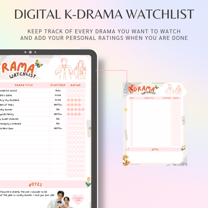 Digital K-Drama Watchlist, Printable Kdrama Watchlist, Korean Drama Checklist, Asian Drama Planner, Goodnotes and Notability Tracker