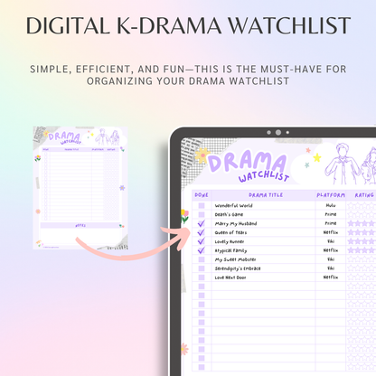 Digital K-Drama Watchlist, Printable Kdrama Watchlist, Korean Drama Checklist, Asian Drama Planner, Goodnotes and Notability Tracker
