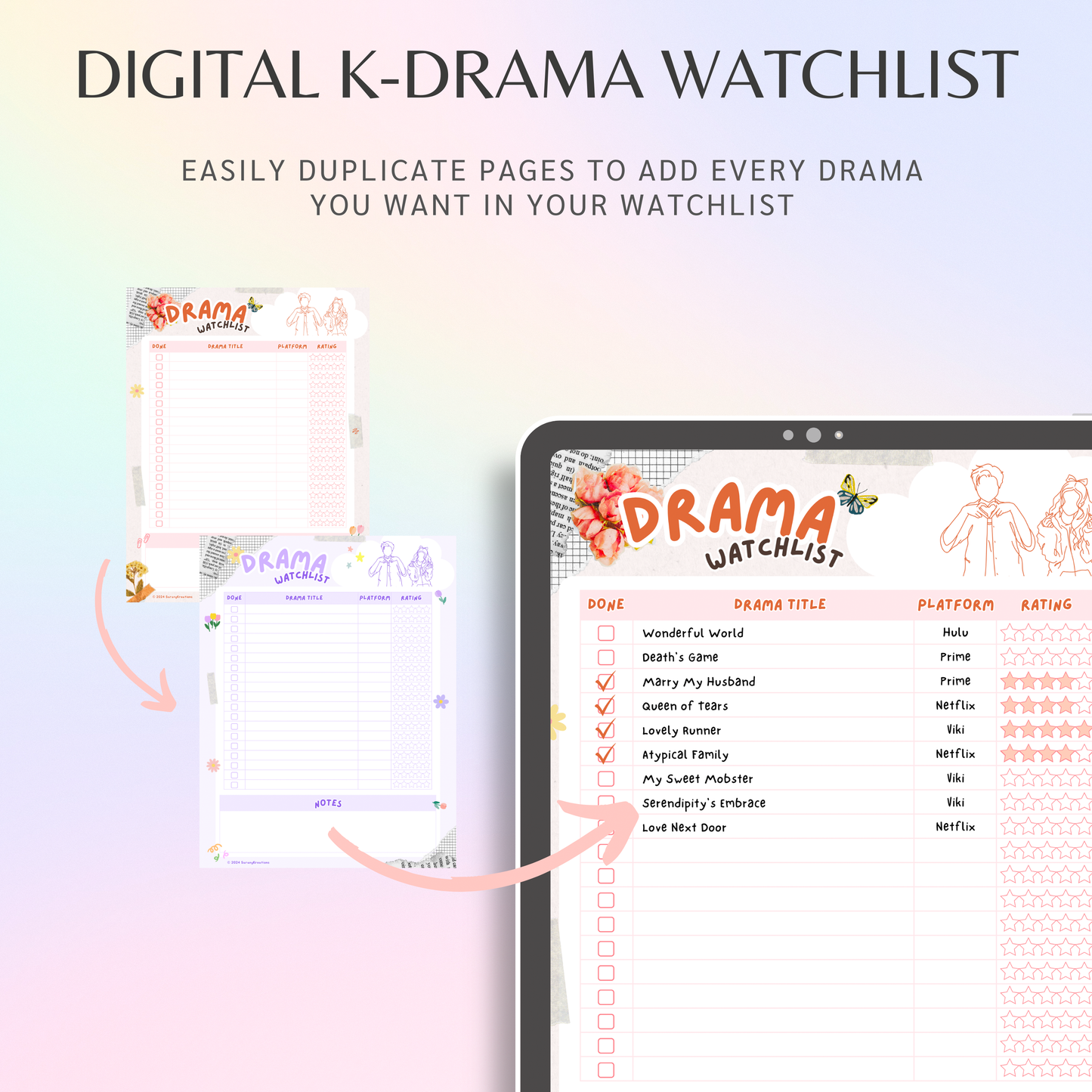 Digital K-Drama Watchlist, Printable Kdrama Watchlist, Korean Drama Checklist, Asian Drama Planner, Goodnotes and Notability Tracker