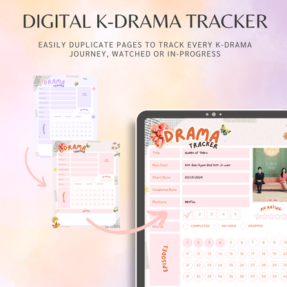 Digital K-Drama Tracker, Printable Kdrama Tracker, Korean Drama Tracker, Korean Drama Planner, Asian Drama, Goodnotes and Notability Journal