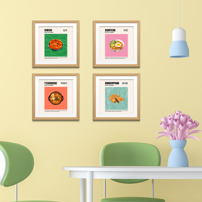 Set of 6 Korean Food Posters, Korean Food Printable Wall Art, Asian Food Art, Korean Art Print, Retro Wall Art, Korean Aesthetic