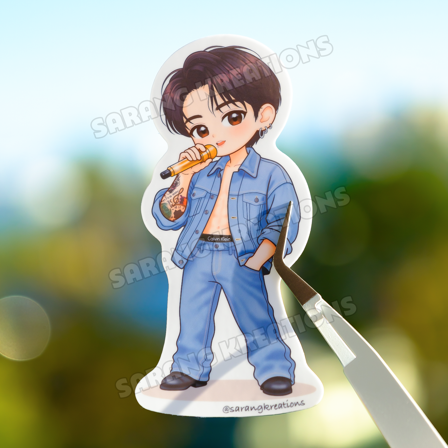 Denim Calvin Kookie Sticker – Madrid D2 Soundcheck Look, Glossy Laminated Vinyl Sticker