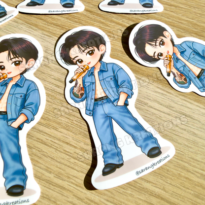 Denim Calvin Kookie Sticker – Madrid D2 Soundcheck Look, Glossy Laminated Vinyl Sticker